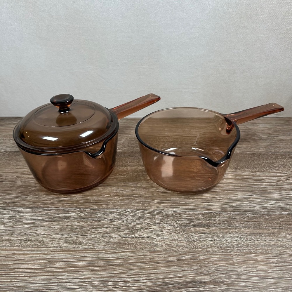 Vintage Corning Visions Amber Glass 1L Pouring Saucepans Lid USA 3 Pc Set